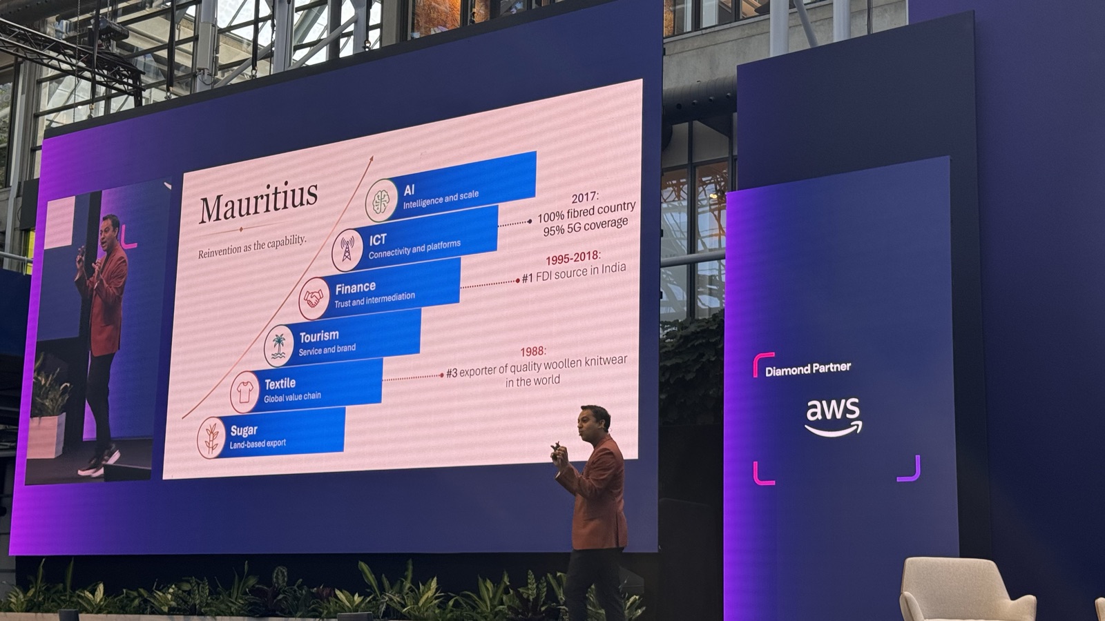 Veemal Gungadin on stage at TM Forum's DTW Ignite in Copenhagen, in front of a slide titled "Mauritius: reinvention as the capability" showing the staircase from sugar and textile up through tourism, finance and ICT to AI