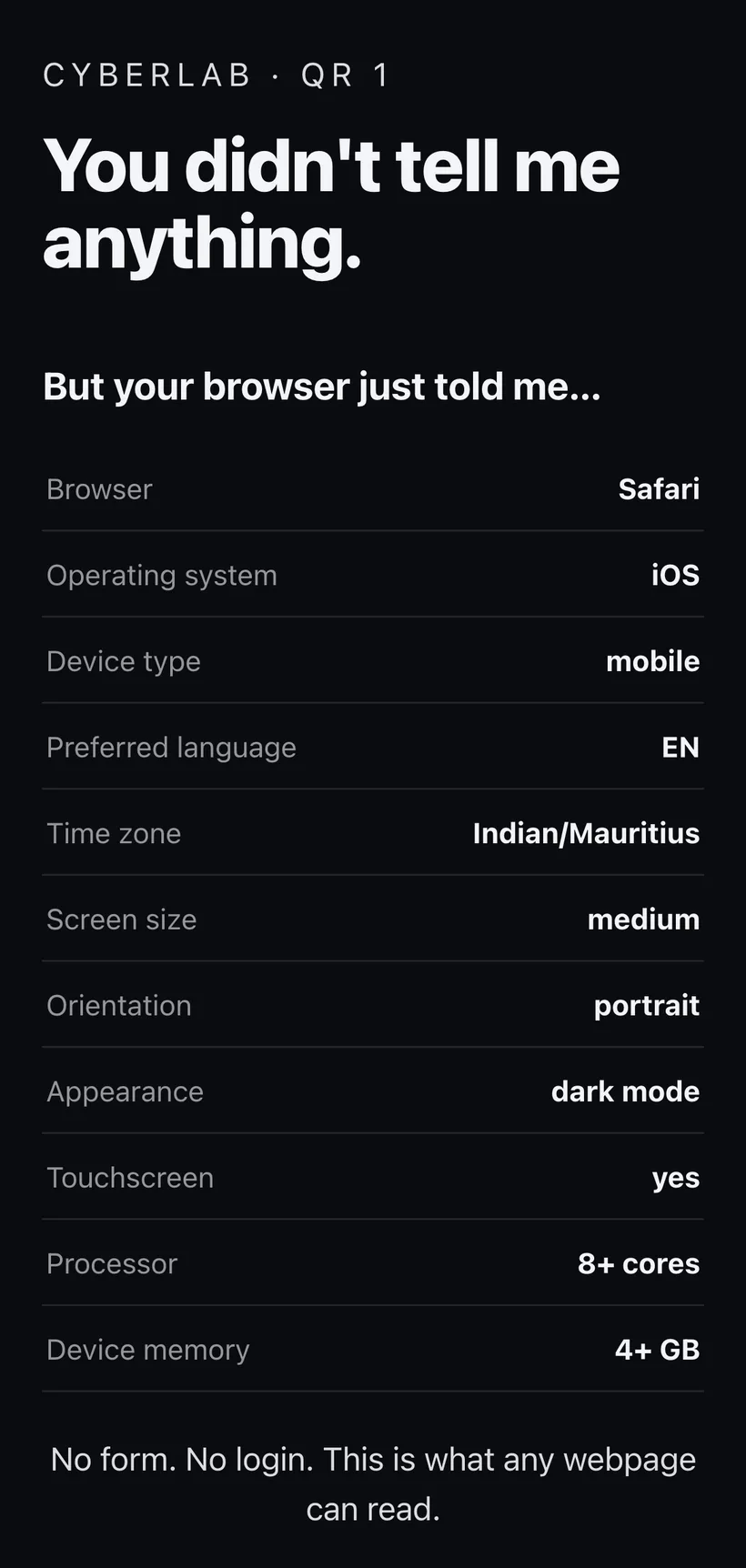 A phone showing the first CyberLab QR screen: 'You didn't tell me anything, but your browser just told me' followed by the browser, operating system, language, timezone and more.