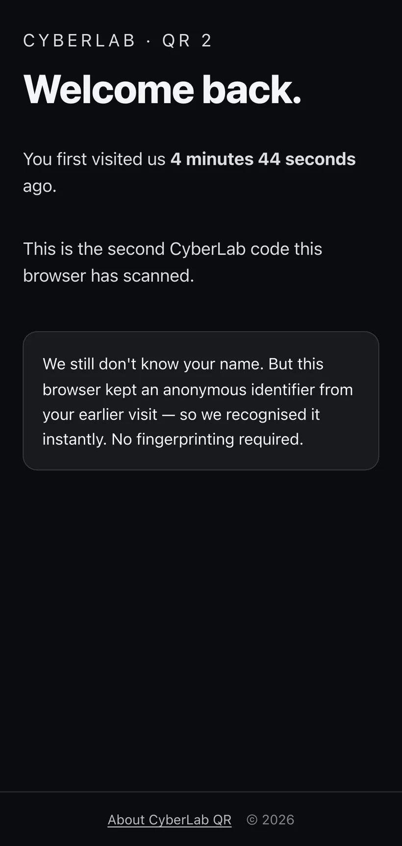 QR2 on a phone: 'Welcome back. You first visited us three minutes ago', recognising the returning browser.