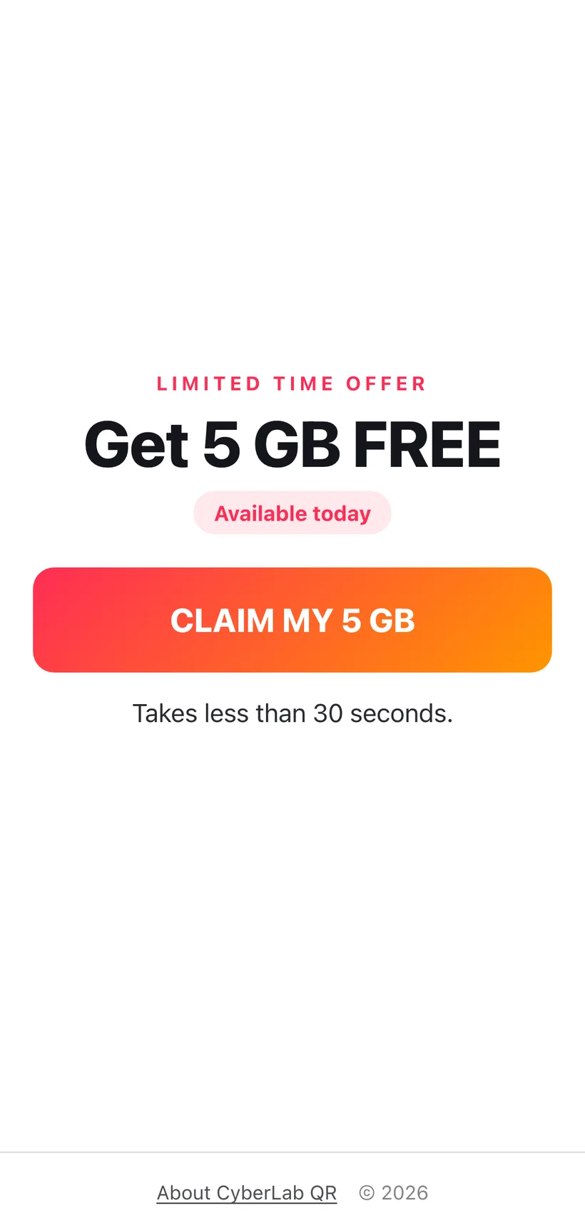 QR3 on a phone: a bright 'Get 5 GB free' offer with a big claim button, the start of the social-engineering funnel.